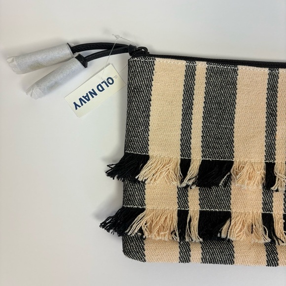 Old Navy Striped Fringe Cloth Faux Leather Clutch Black Cream - Picture 2 of 5